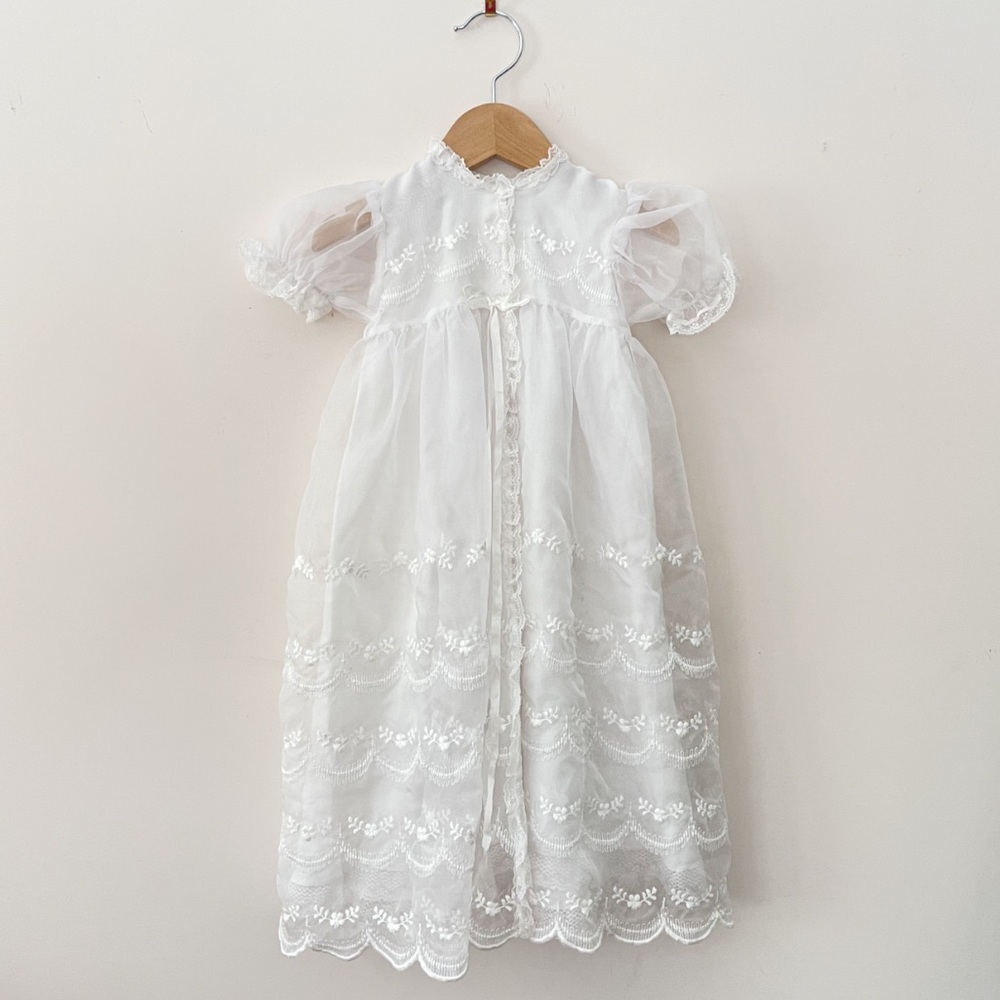 VINTAGE VGUC Sheer Embroidered Organza Open-Front Baptism Dress Christening Gown